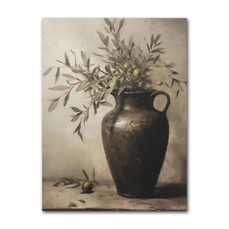 Vintage Minimalist Wall Art Italy Olive Tree in Vase Canvas Painting Poster Prints Still Life Botanical Antique Home Room Decor