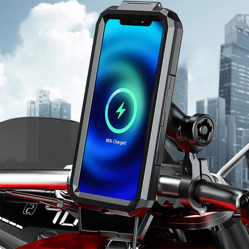 2022 Waterproof Case 12V Motorcycle Phone Holder Wireless Charger 15W Qi/ Type C PD USB Fast Charge Mount Box Double Socket Arms