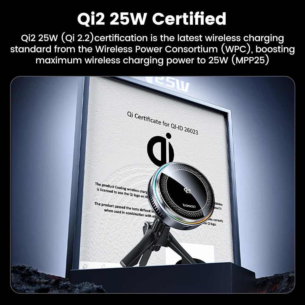 Toocki Qi2.2 25W Car Wireless Charger Phone Holder Stand TEC Cooling for iPhone 17 16 15 Pro Max Smasung S26 S25 Magsafe Charger