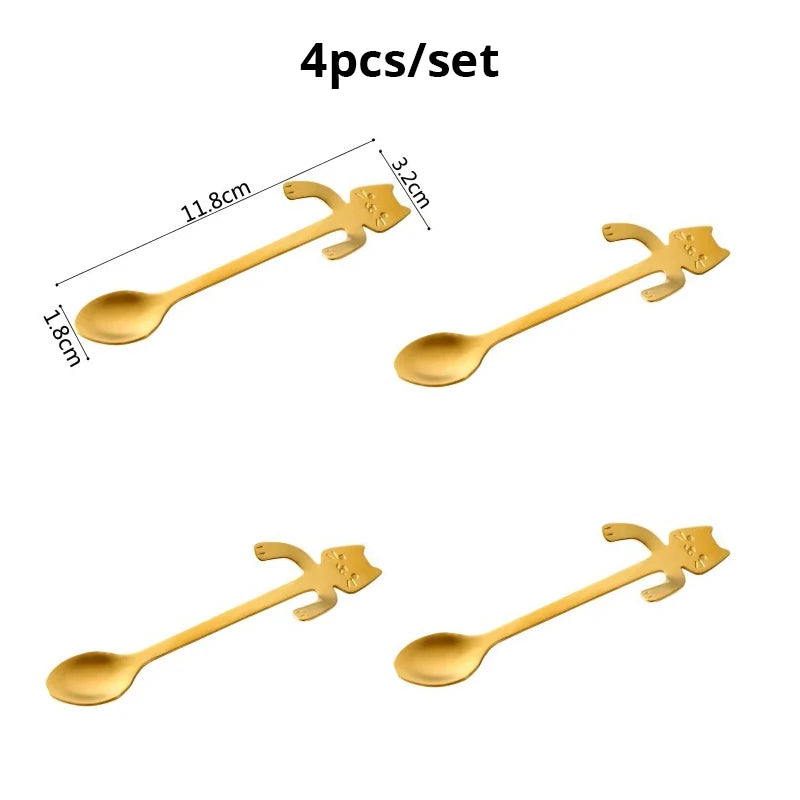 4pcs/set Stainless Steel Mini Cat Kitten Design Stainless Steel Coffee/Tea/Dessert/Drink/Mixing/Milkshake Spoon Flatware Gadgets