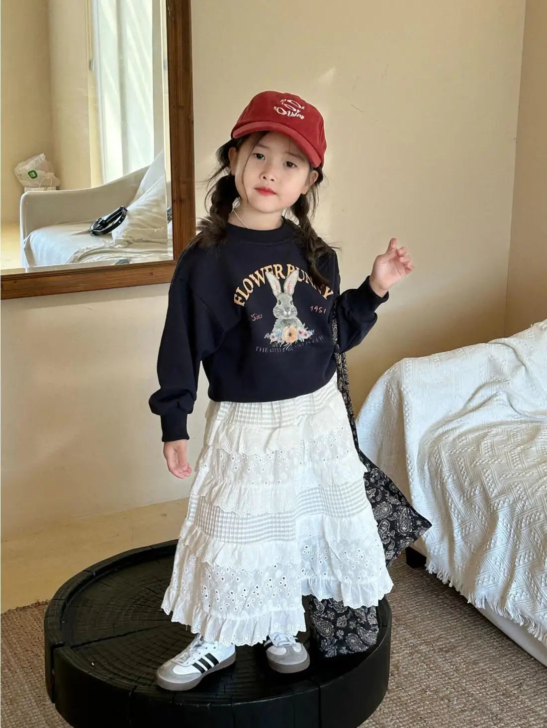 Korean Girls 2024 Navy Blue Cute Rabbit Sweatshirt+ White Lace Cake Skirt Girl 2pcs Cotton Set Fashion Baby Spring Autumn Outfit