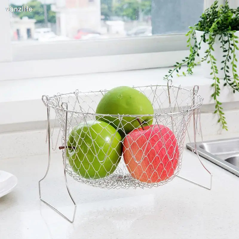vanzlife stainless steel deep-fried large noodle kitchen French fries tools drain basket Household leak net spoon folding filter