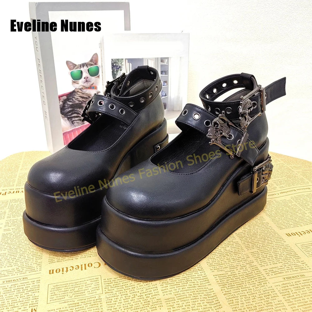 Black Faux Leather Platform Mary Janes Skull Hardware Eyelet