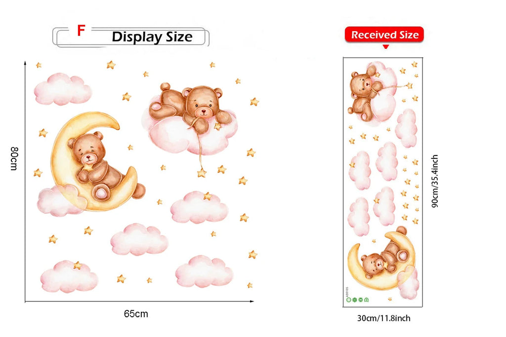 Cute Bear Moon Star Wall Stickers for Kids Rooms Girls Boys Baby Room Decoration Kawaii Cartoon Animal Nursery Wallpaper Vinyl