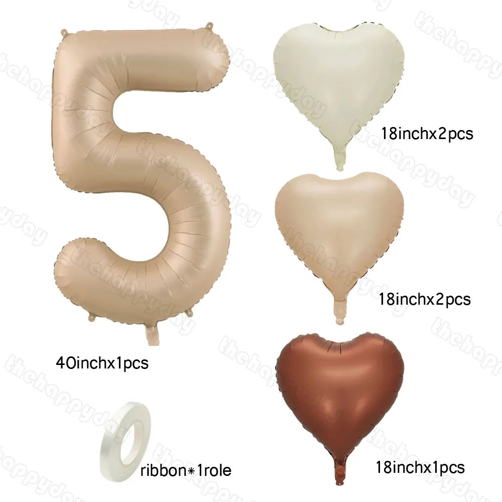 10/5/1Pc Brown Beige Cream 18inch Heart Balloons Cream Number Balloons 1 2 3 4 5 6 Birthday Number Foil Balloon Helium Air Globo