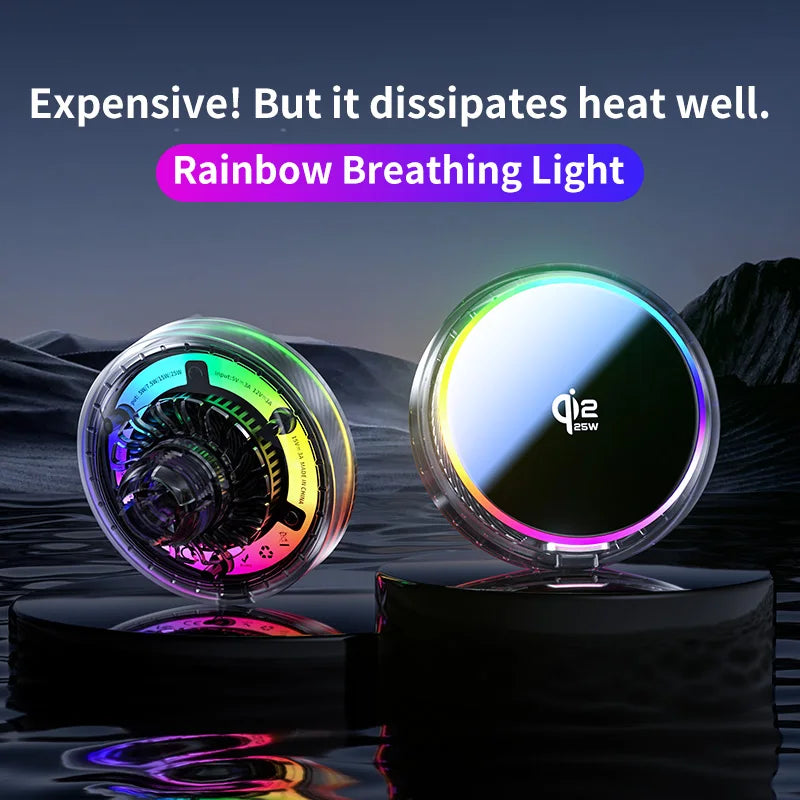 Air Cooling Car qi2 25W Magnetic Wireless Charger RGB Light  Phone Holder For Magsafe iPhone 17 16 15 14 13 12 Fast Charging