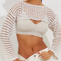 Women Y2K Crochet Knit Hollow Out Crop Top Long Flared Sleeve