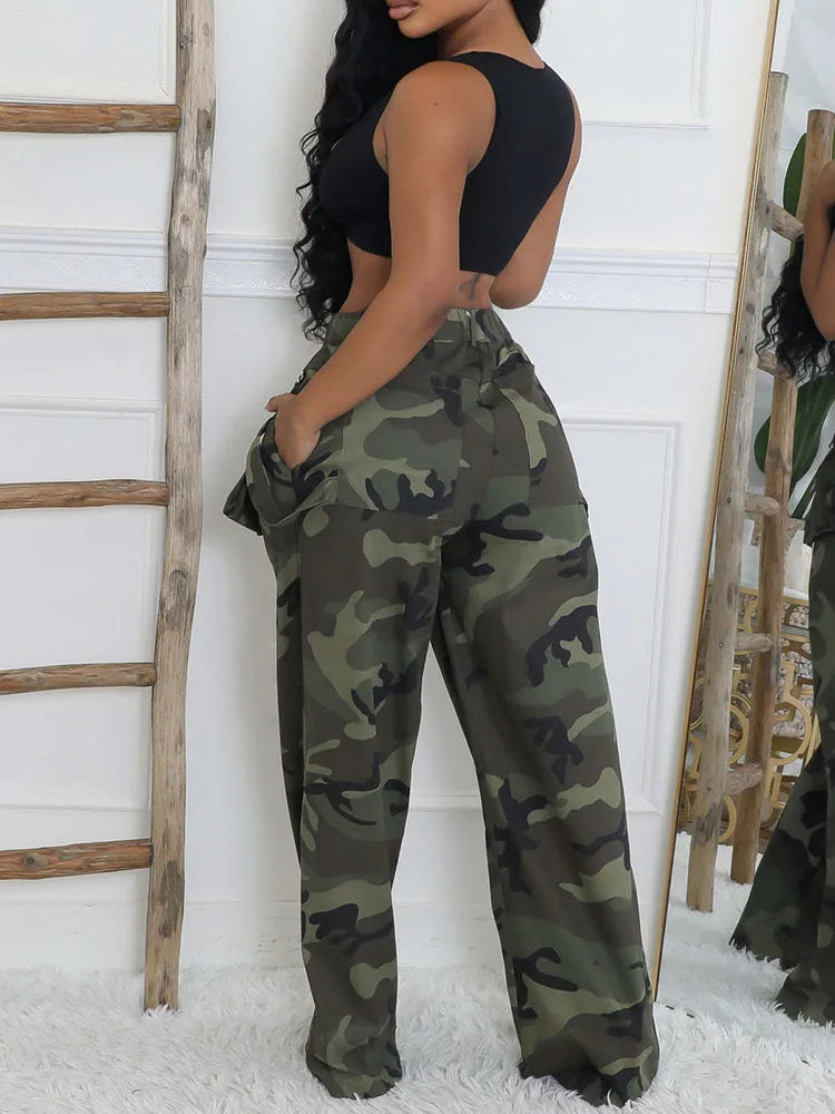 Camouflage Printed Cargo Pants for Women Y2K Vintage Buttons