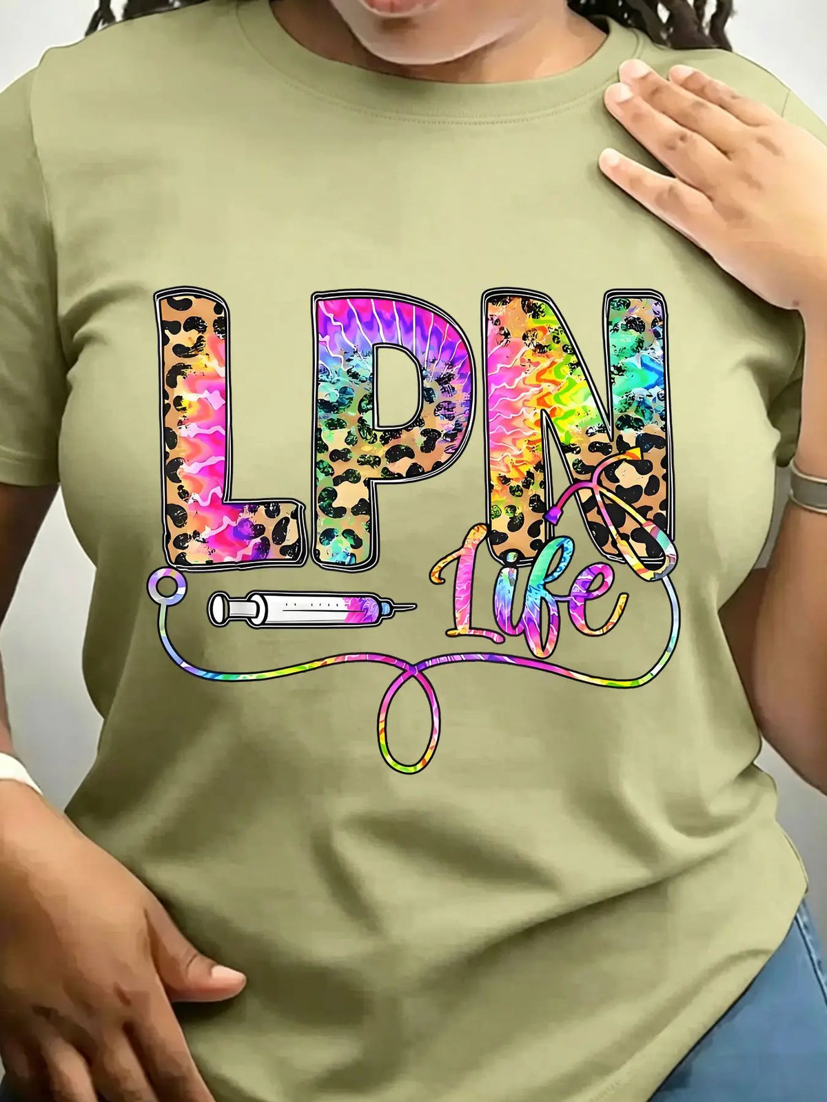 Women's Trendy Crew Neck T-Shirt Lpn Life Leopard Tie