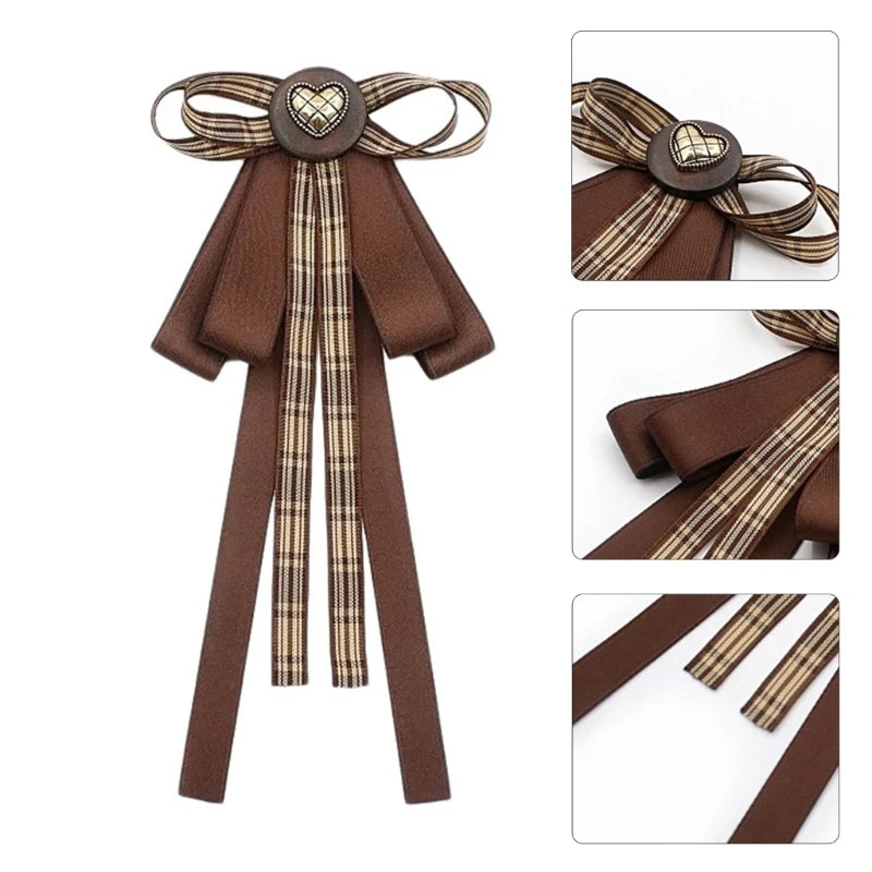 Ribbon Bowtie Brooch Pin Student Uniform Pre Tied Necktie Clip Vintage Brown Plaids Bowknot Corsage Shirt Jabot Collar