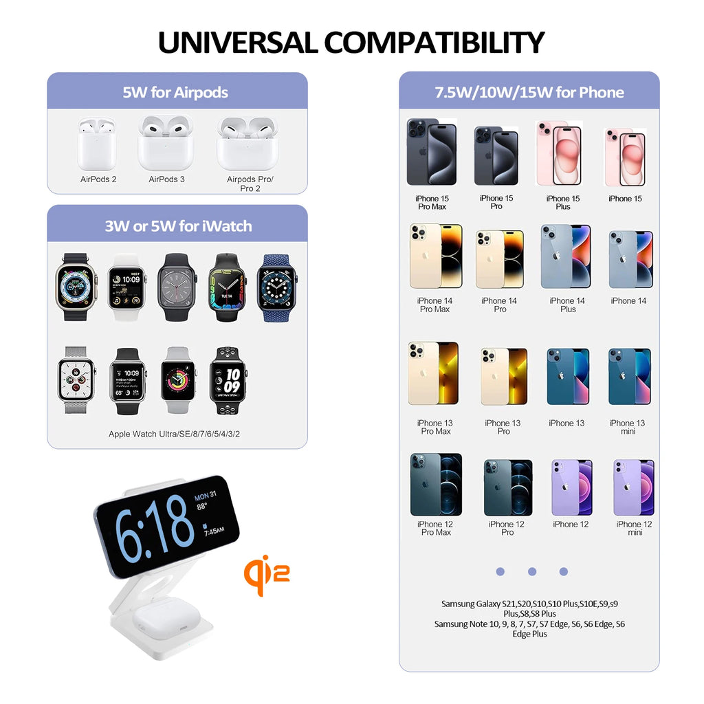 3 in 1 Wireless Charger Qi2 15W For iPhone 16 15 14 13 12 Fast Charging Station For Apple Watch 9 8 7 6 5 for Airpods pro stand