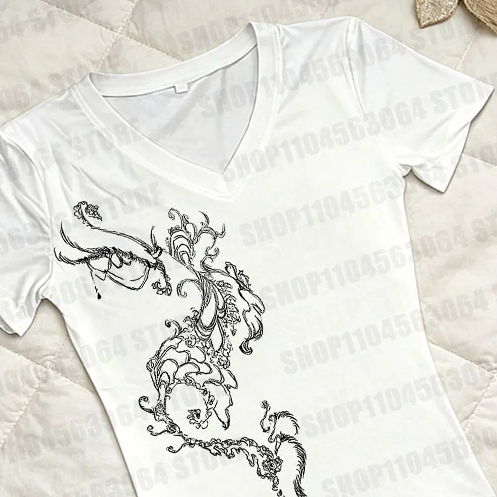 Y2K Aesthetic T-shirt for Women, Fashion V-neck, Casual Pattern, Retro Punk Short Sleeve, Gothic Open Umbilical Top, Girl Fit T-