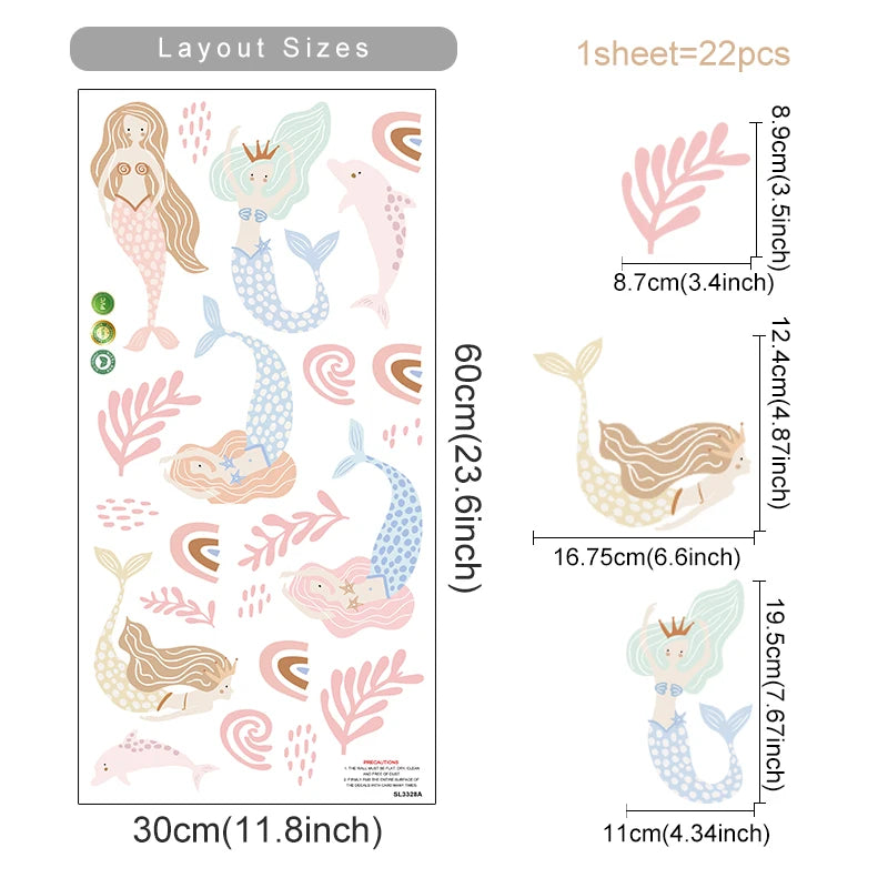 Boho Cartoon Mermaid Seaweed Wall Stickers for Kids Room Bedroom Living Room Home Decoration Wall Decals