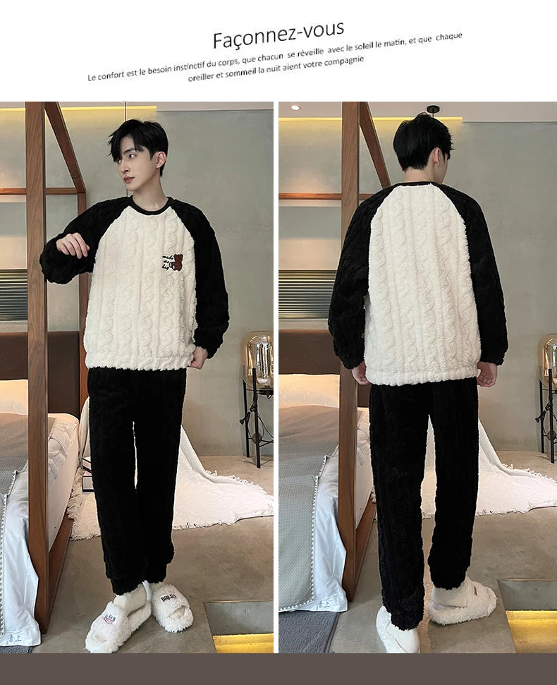 Men's Winter Jacquard Weave Flannel Pajamas Set Coral Fleece Cartoon Sleepwear Homewear Thick Warm Male Suit Fall Sweatshirt 5XL