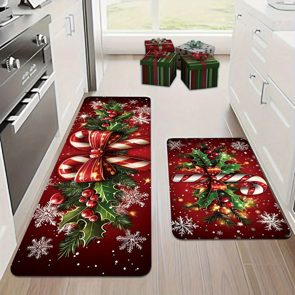 VIKAMA Merry Christmas Winter Decor Candy Canes Holly Snowflake Kitchen Mat Christmas Holiday Atmosphere Decor Festive Home Gift