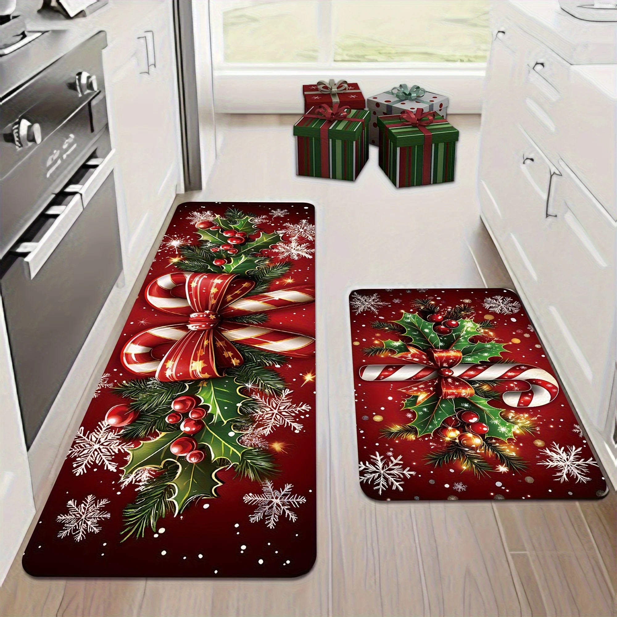 VIKAMA Merry Christmas Winter Decor Candy Canes Holly Snowflake Kitchen Mat Christmas Holiday Atmosphere Decor Festive Home Gift