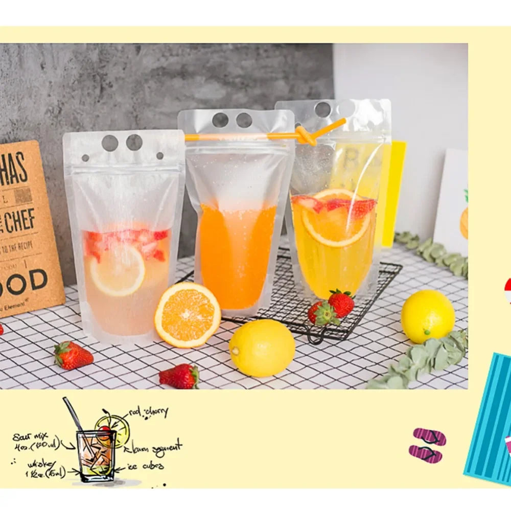 50Pcs Clear Plastic Drinking Packaging Bag Food Fresh Keeping Transparent Beverage Juice Milk Coffee Pouch Zip Bag Without Straw