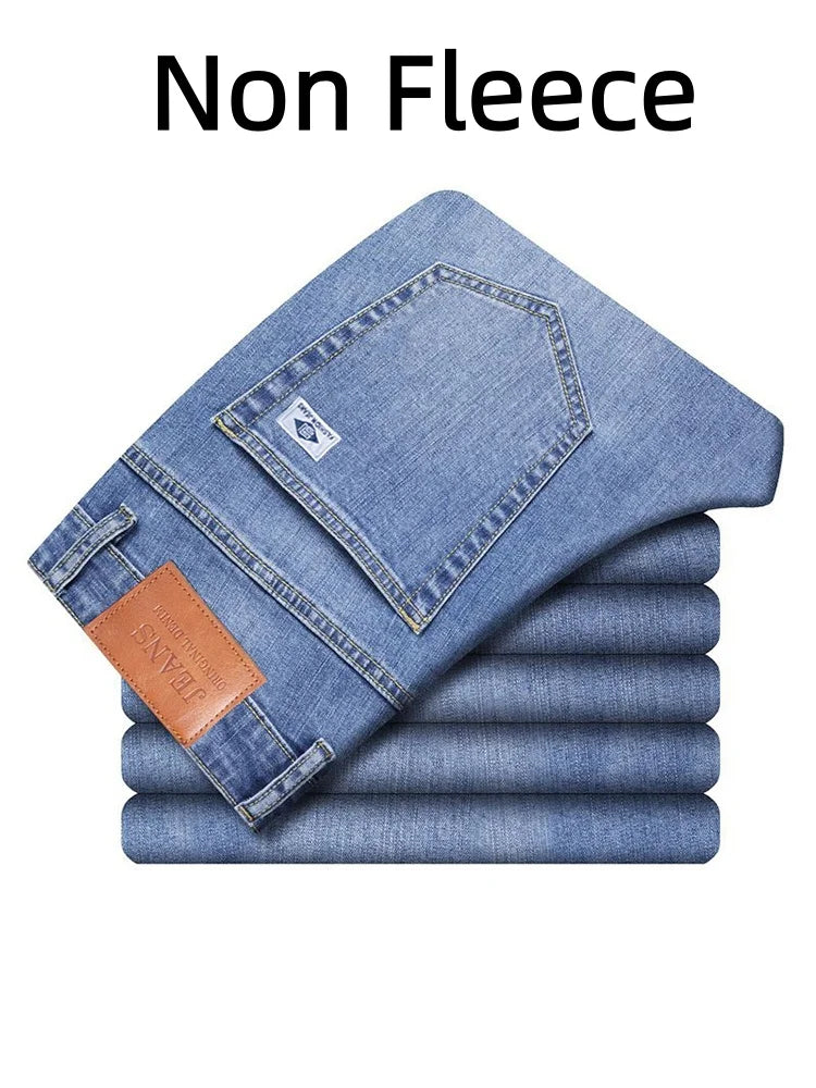 Men's Winter Fleece Thicken Lightweight Business Straight Leg Jeans