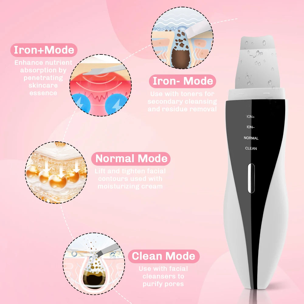 Ultrasonic Skin Scrubber Red Blue Light Deep Face Cleaning Peeling Blackhead Remover Facial Shovel Cleanser Lifting Skin Care