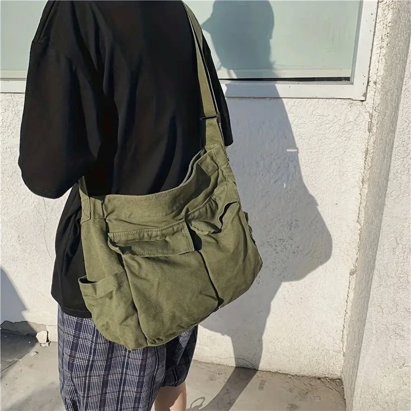 Workwear Canvas Shoulder Bag Large Capacity Retro Messenger Bag