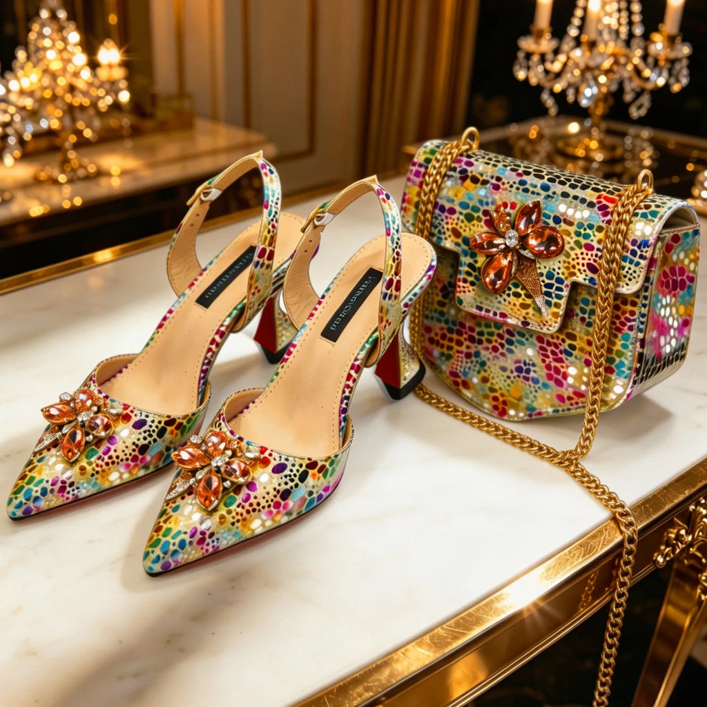 Venus Chan Elegant Rhinestone Heels &amp; Matching Bag Set