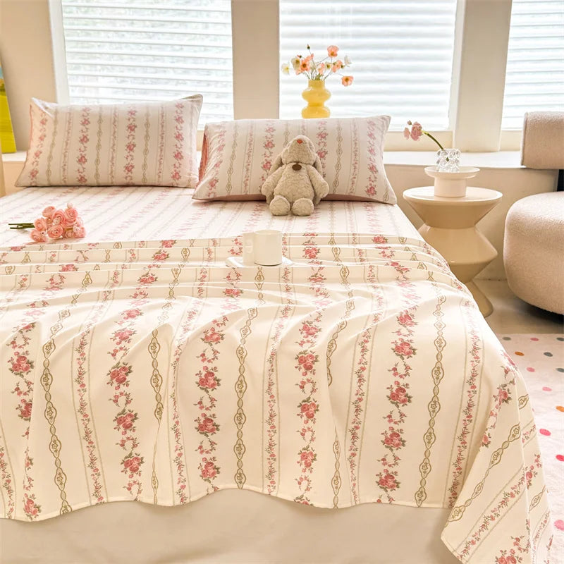 1pc Washed Cotton Flat Bed Sheets Single/Queen/King Size Bed Cover for Double Bed Flower Printed Soft Bed Sheets Top Sheets Set