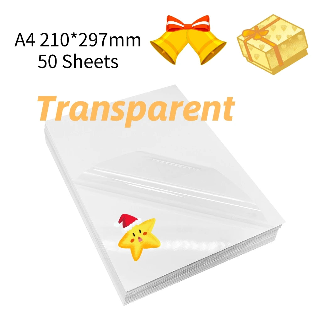 50/10 Sheets A4 Transparent Printable Vinyl Sticker Paper Waterproof Self-Adhesive Glossy paper for Inkjet Printer DIY Crafts