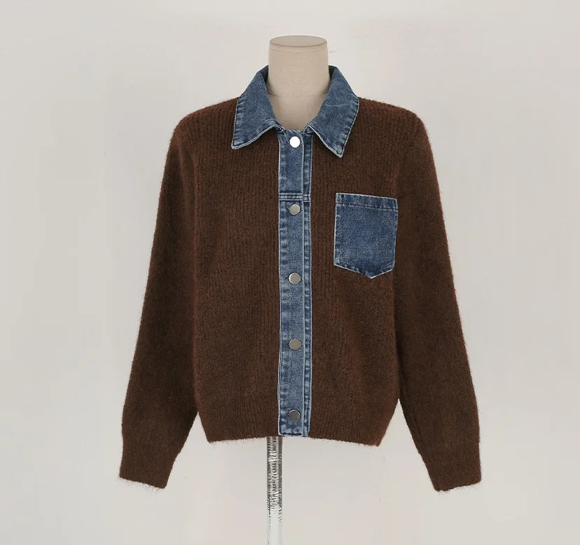 Oversized Knit Sweater Women Denim Patch Cardigan with Open Front