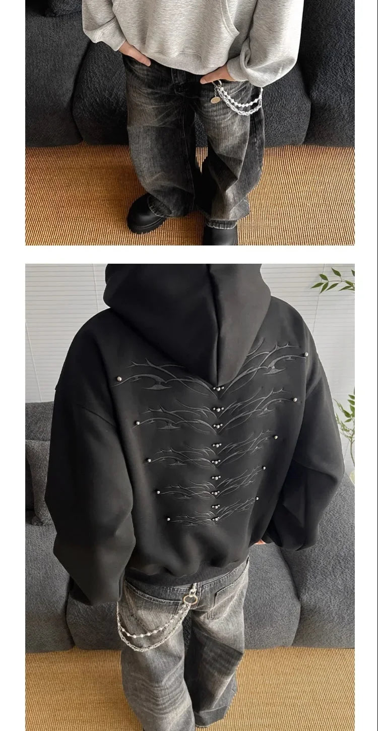 American Retro Spine Embroidered Metal Rivet Pullover Hooded Sweatshirt Men Women High Street Hip-Hop Loose Casual Streetwear