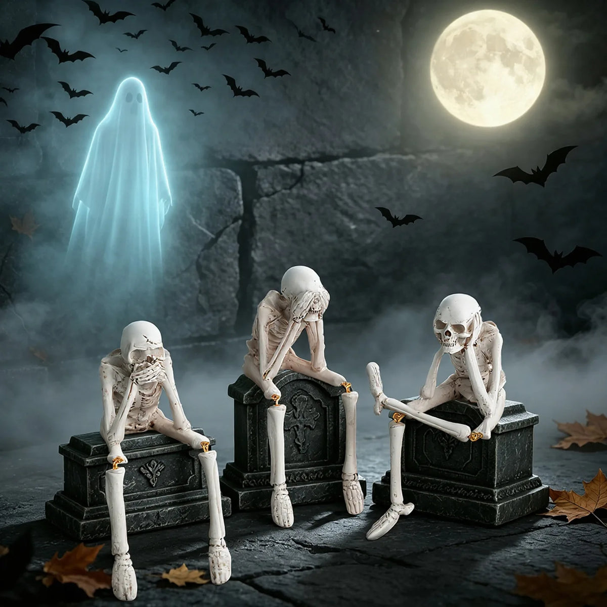 Halloween Skeleton Resin Statue See Speak Hear No Evil Skull Realistic Home Party Decoration Spooky Holiday Gift Ornament