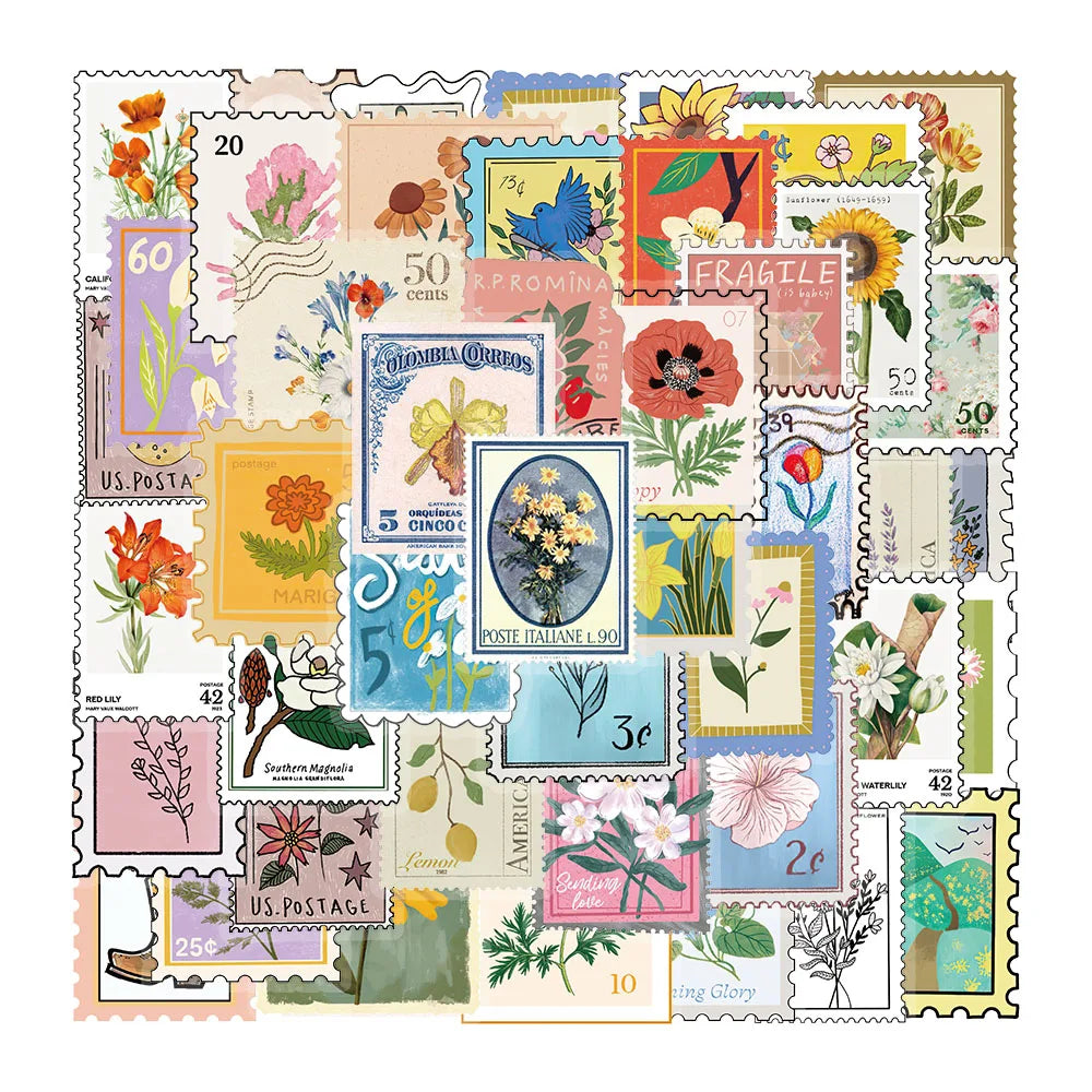 50PCS Creative Flower Stamp PET Waterproof Transparent Stickers Decorative Sunflower Flower Desktop Stickers