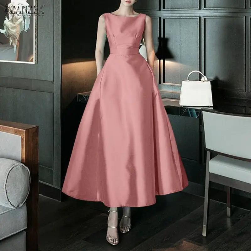 2026 Elegant Party Dress ZANZEA Stylish Women Satin Dress Summer Sleeveless OL Work Midi Dresses Solid A Line Waisted Sundress