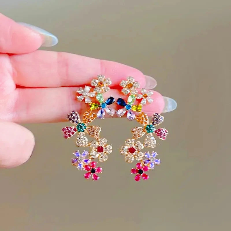Romantic Colorful Zircon Flower Earrings For Women Girls Fashion Sweet Waterdrop Flower Earrings Exquisite Party Jewelry Gifts
