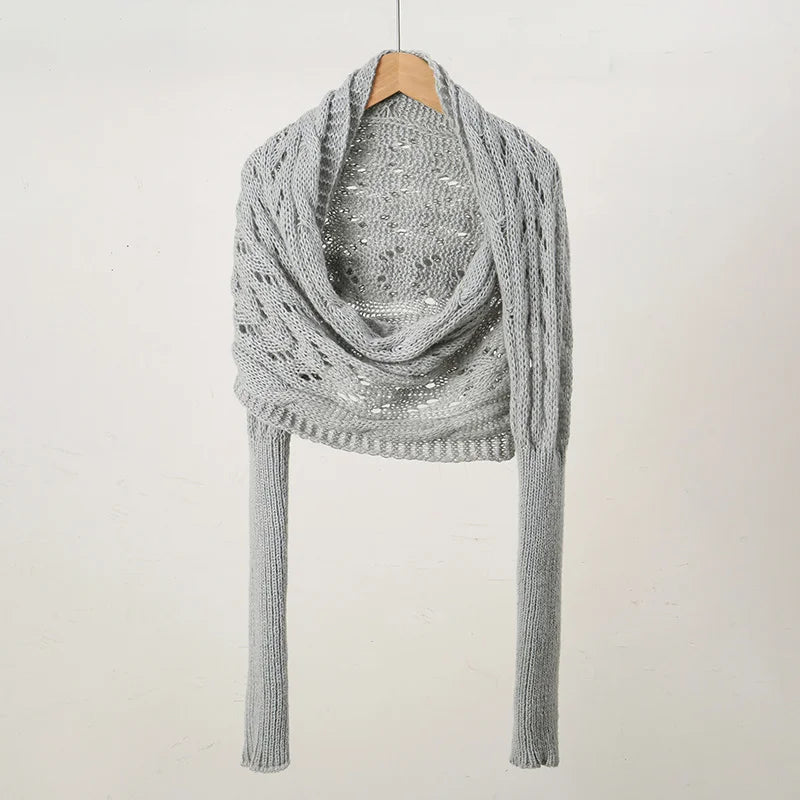 Woman Knitted Shawl Scarf With Long Sleeve Autumn Winter Outdoor Warm Soft Windproof Hollow Out Crop Top Shawl Scarf 210*33cm