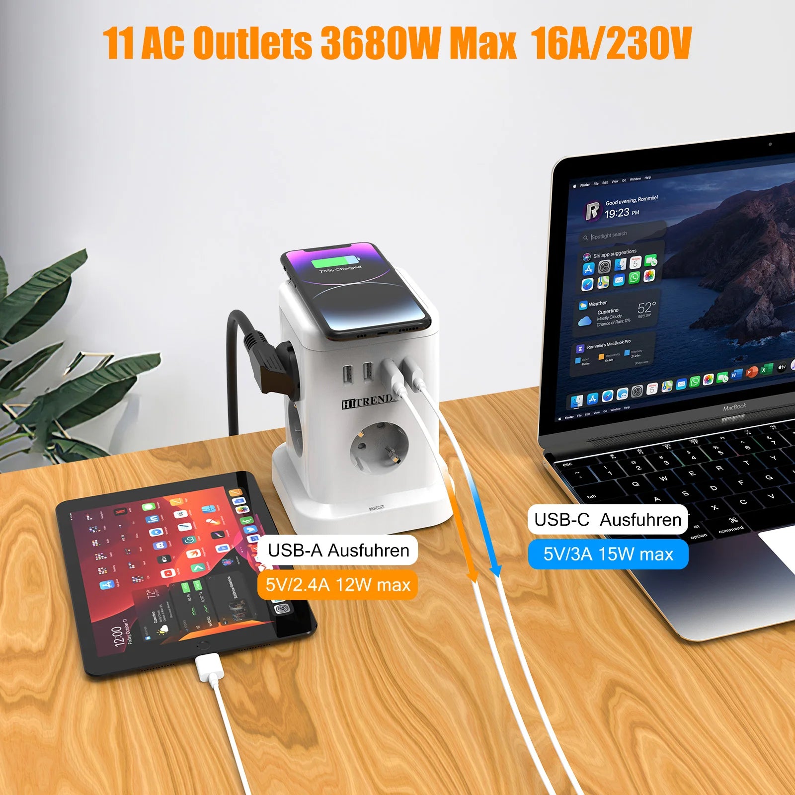 7/11AC EU plug Smart Power board with Wireless Charger 3 USB 1 Type c charging, 2m extension cable, Multiple Sockets for home