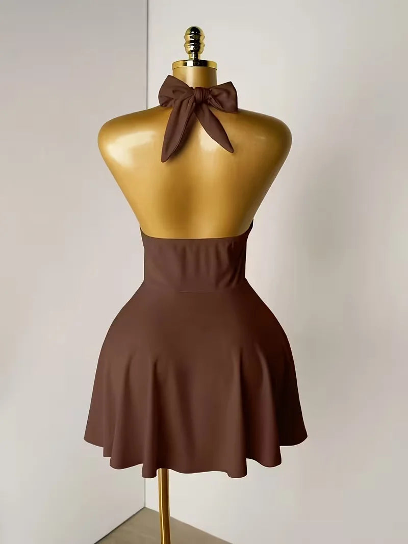 Women Halter Deep V Front Tie Cut Out Mini Dress Summer Y2k - Multi