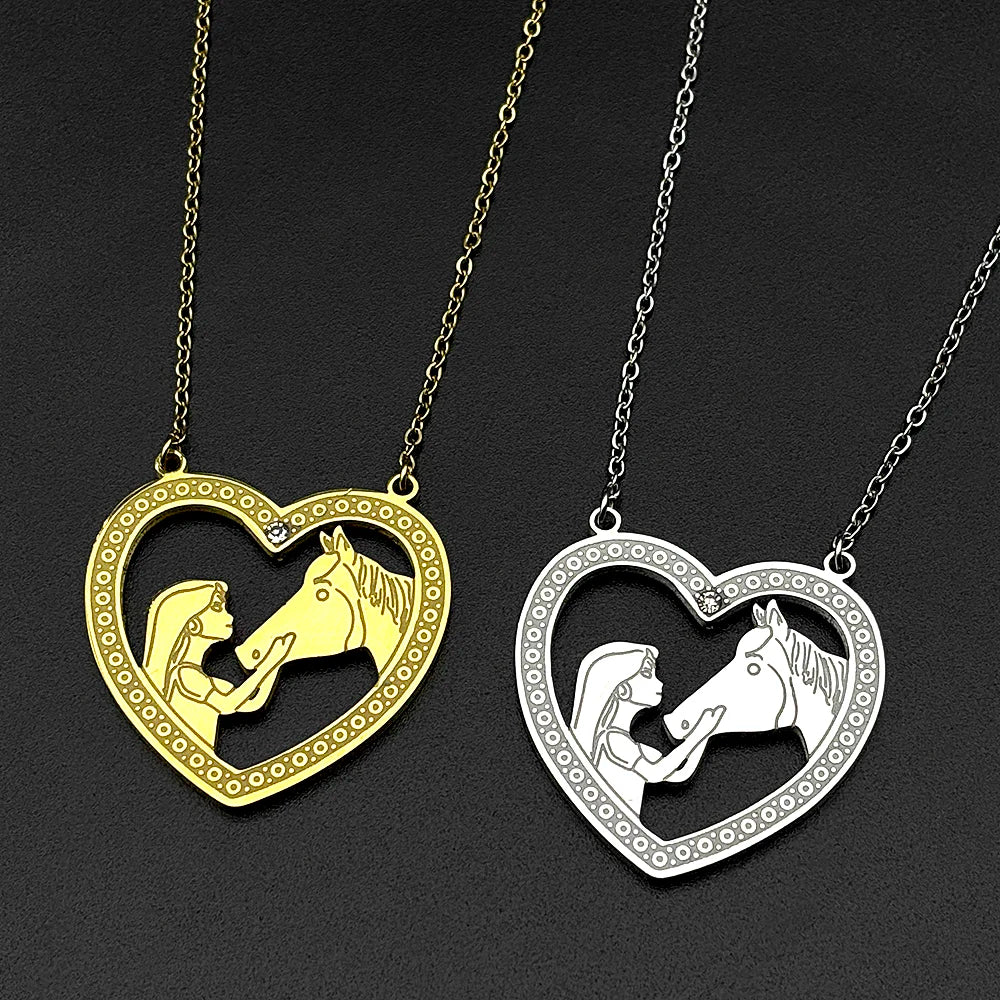 Girl Princess Horse Heart Chain For Women Men Stainless Steel Gold Color Pony Love Animal Fashion Pendant Necklace Jewelry Gifts