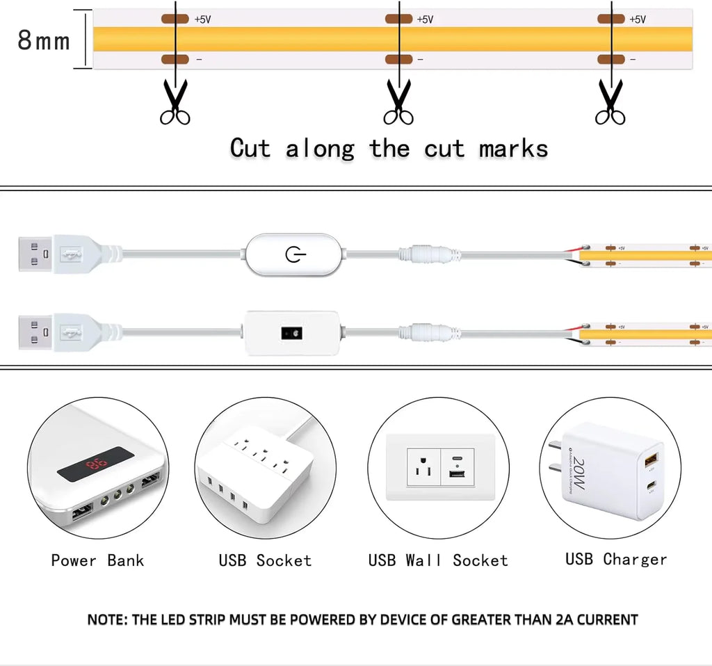 1M-5M USB LED Strip Light 5V 320LEDs/M COB Touch