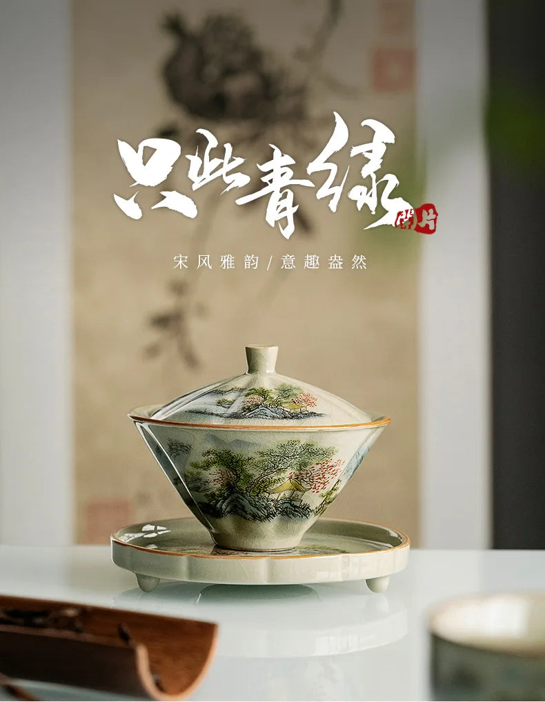 Jingdezhen-Ceramic Tea Cup with Bamboo Hat, Traditional Handmade Tea Ware, Single Bowl, Kung Fu Tea with Lid, Sancai Gaiwan
