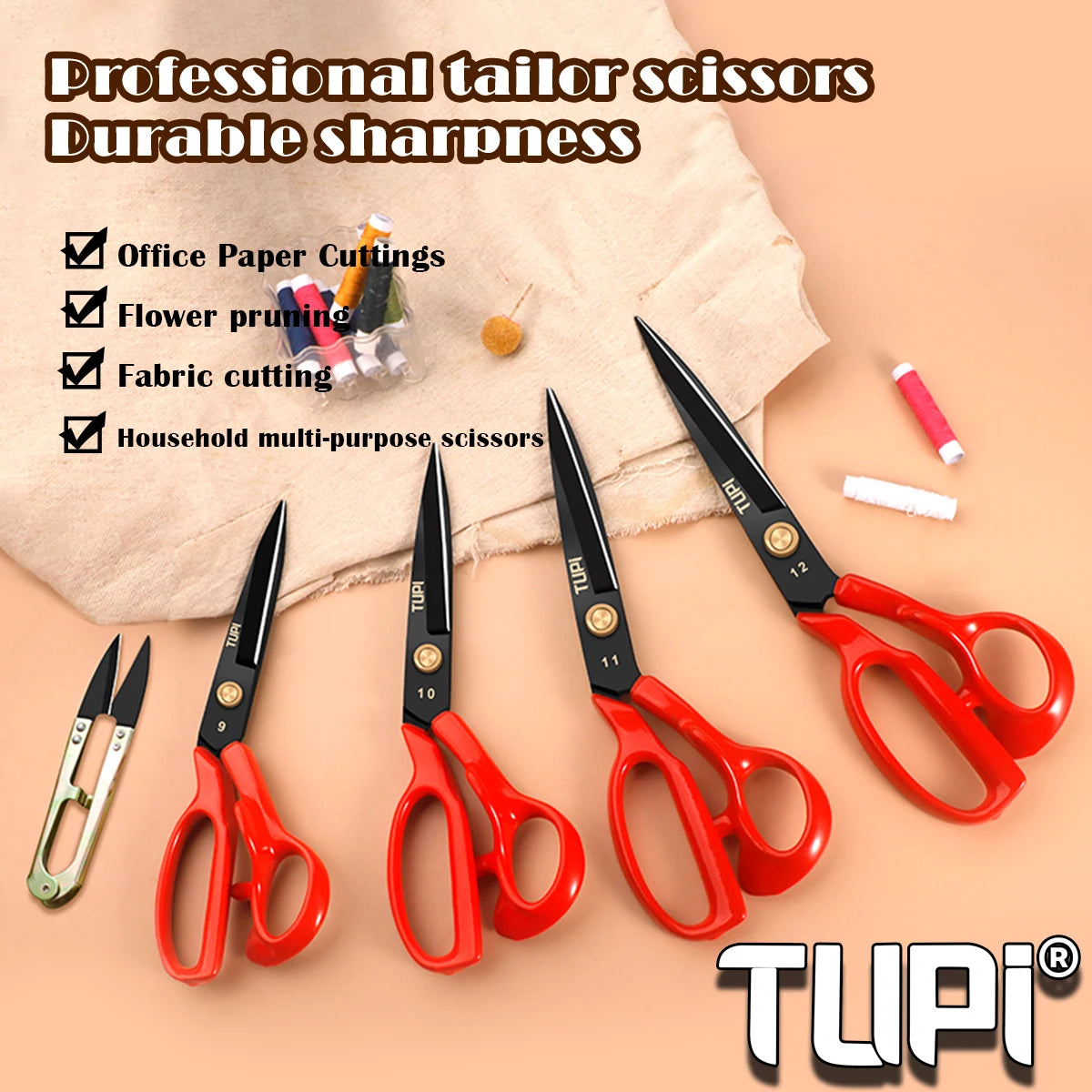 TUPI - Professional Tailor Shears - Heavy Duty Sharp Fabric Scissors for Sewing & Cloth Cutting | with Ergonomic Handles