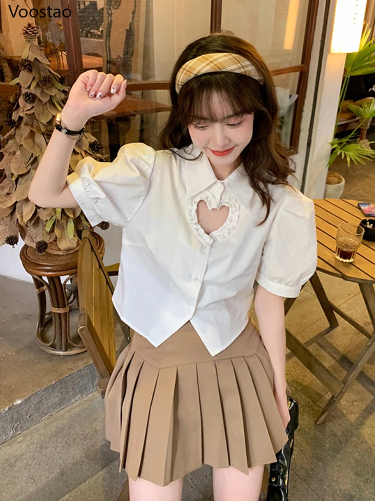 Sweet Lolita Style Blouses White Hollow Out Ruffles Heart Crop
