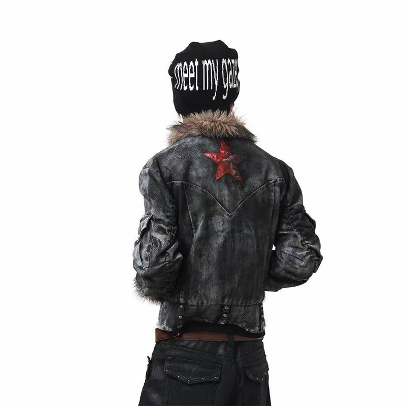 MWJLPWQ Washed Distressed Jacket Stains Irregular Damage Rivets