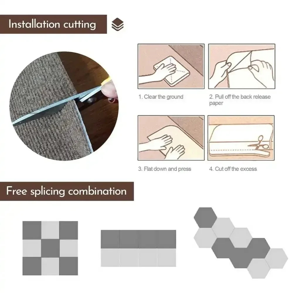 Self Adhesive Carpet Floor Tiles Sticker Square Rugs Peel and Stick Mat DIY Flooring for Kitchen Dining Room Bedroom Home Decor