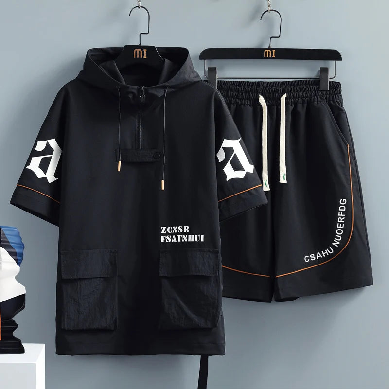 2 Pcs/Set Men Tracksuit Short Sleeve Hoodies+Pants Hooded Elastic Waist Summer Hip Hop Sweatshirt Sweatpants Loose Set