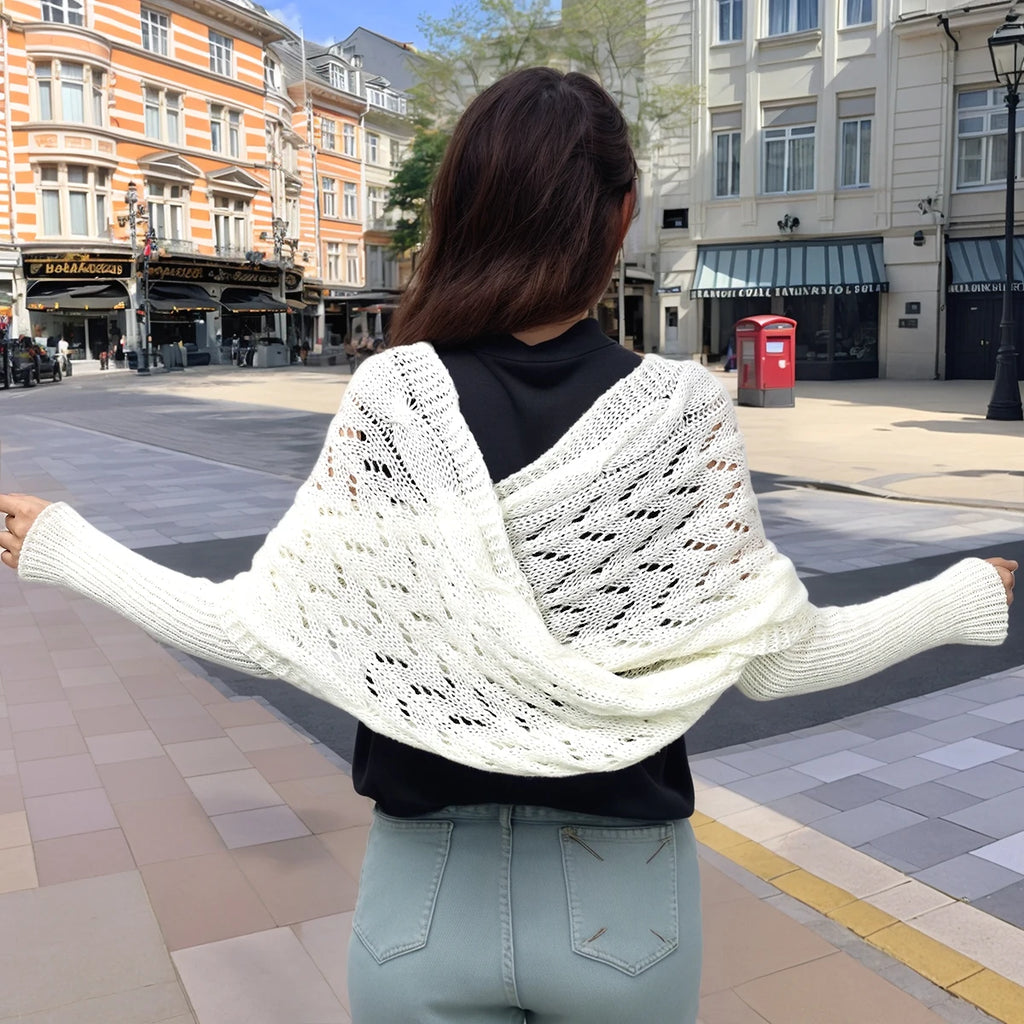 Woman Knitted Shawl Scarf With Long Sleeve Autumn Winter Outdoor Warm Soft Windproof Hollow Out Crop Top Shawl Scarf 210*33cm
