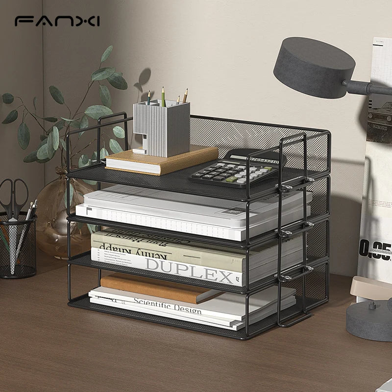 Stackable Paper Tray Desk Organizer, 4-Tier Metal Mesh Letter Organizers for School Multi-Functional Desktop Storage