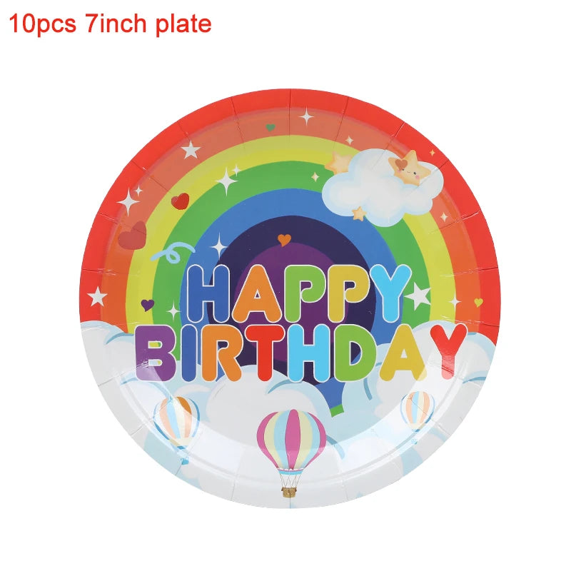 Rainbow Party Tableware Set Paper Plates Cups Napkins Tablecloth Banner Kids Boy Girl Happy Birthday Party Decoration Supplies