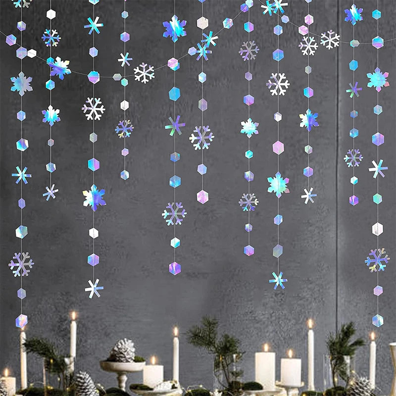 4M Iridescent Christmas Hanging Snowflakes Decor Garlands Winter Wonderland  Paper Snowflake Streamer Birthday Party Supplies ﻿