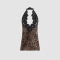 Women Leopard Print Halter Cami Top Lace Trim v Neck Sleeveless