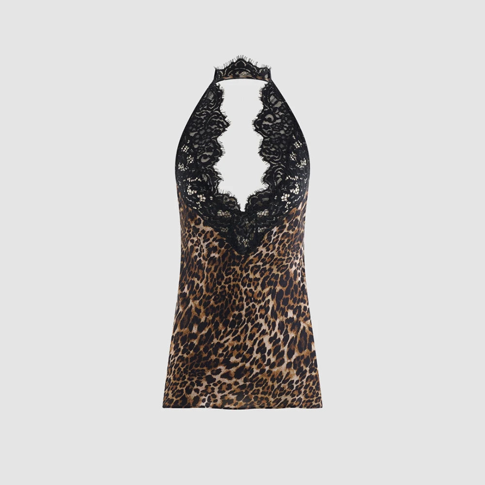 Women Leopard Print Halter Cami Top Lace Trim v Neck Sleeveless